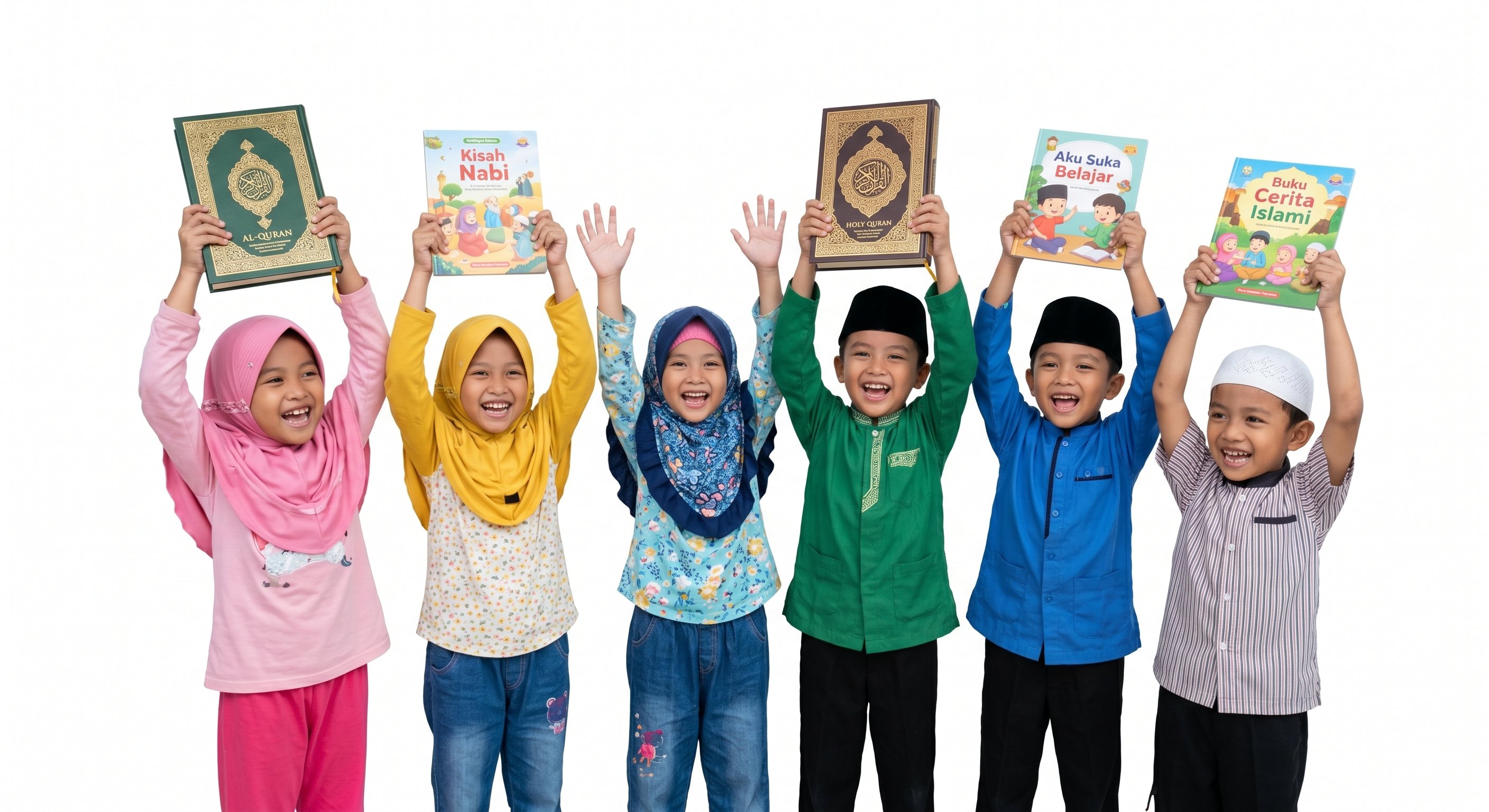 Santri Madrasah Darurrahman ceria mengangkat Al-Quran dan buku Islami